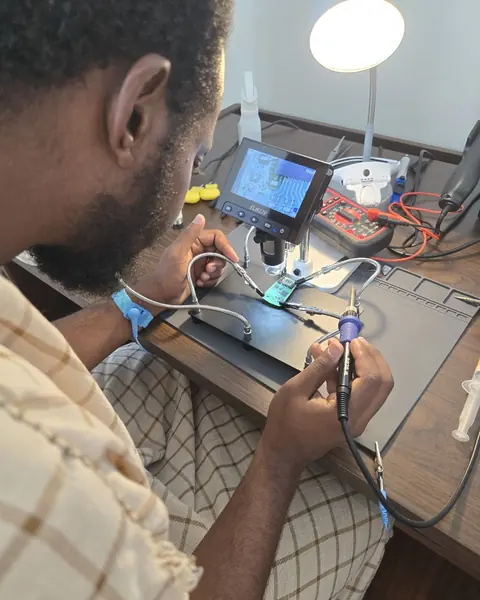 One of the owners soldering a key fob circuit board under a microscope